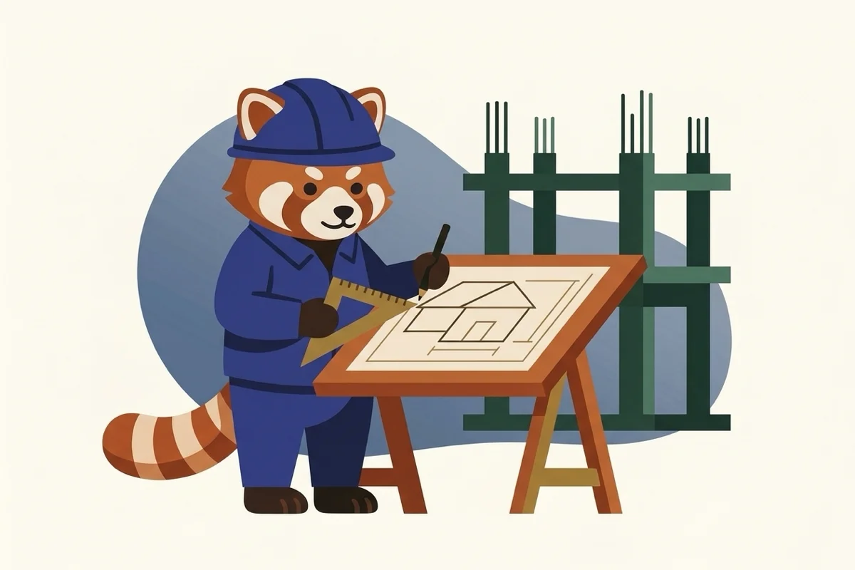 Rangi the red panda reviewing a house plan as an engineer