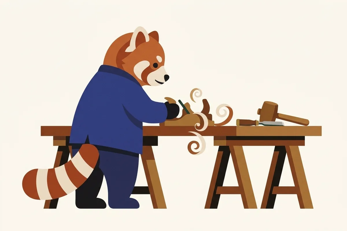 Rangi the red panda doing carpentry work