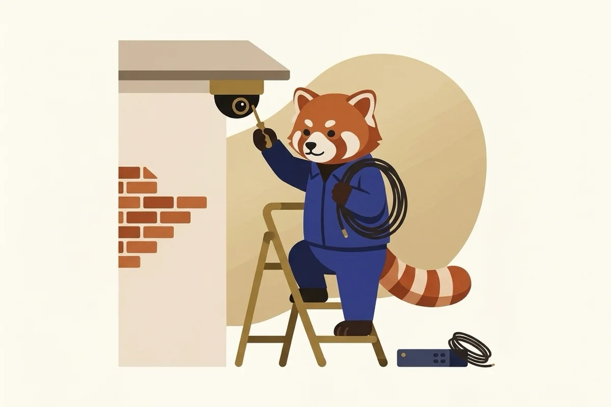 Rangi the red panda doing CCTV installation work