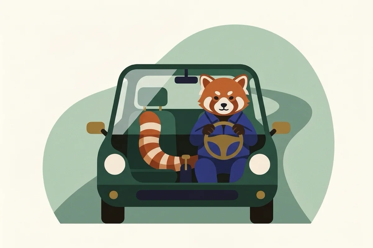 Rangi the red panda driving a customer's car