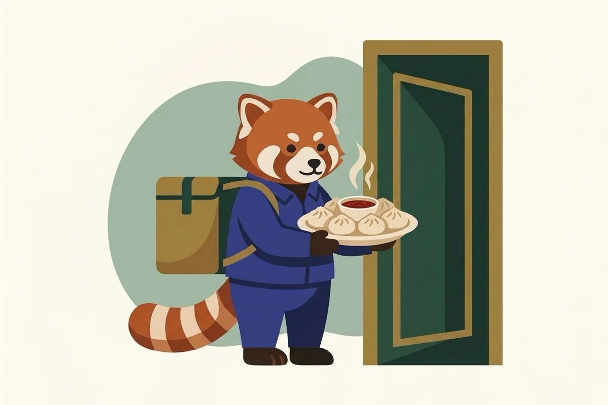 Rangi the red panda delivering food from a local restaurant