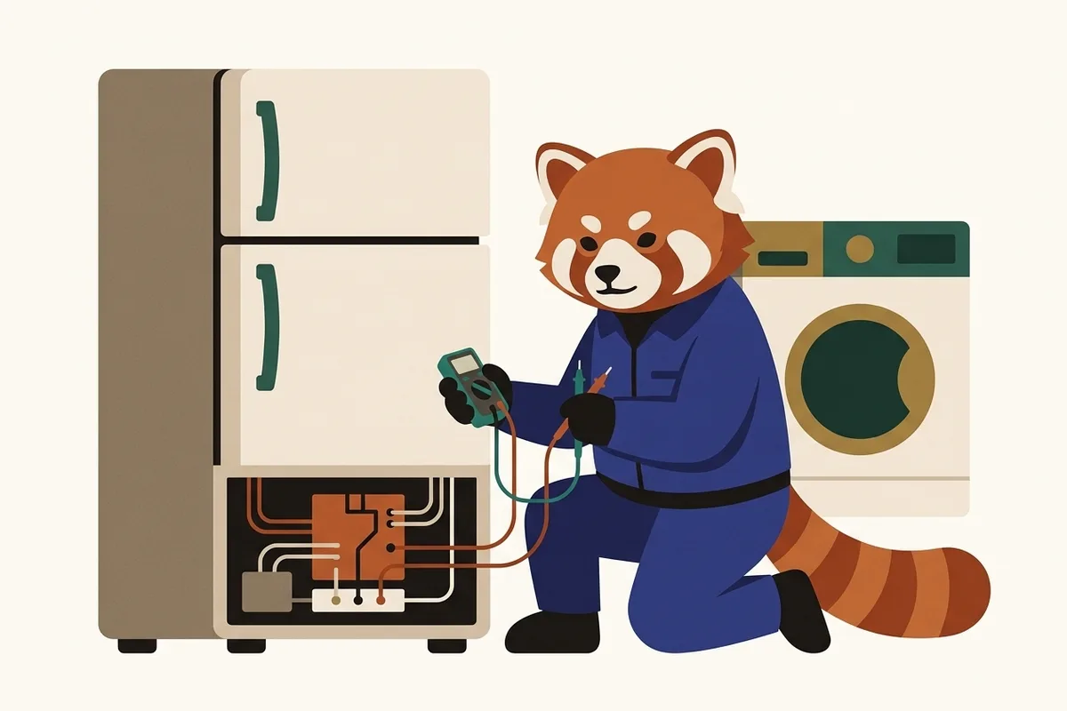 Rangi the red panda doing fridge repair work