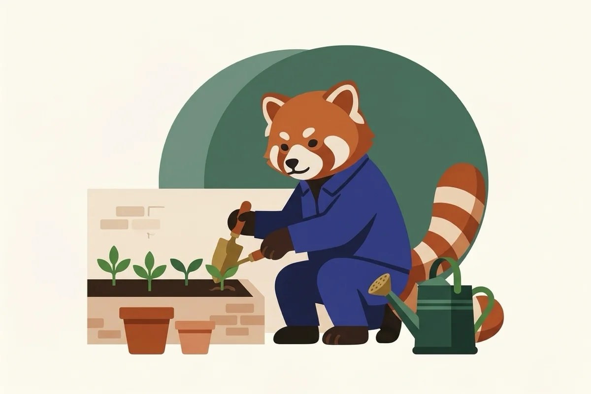 Rangi the red panda doing gardening work