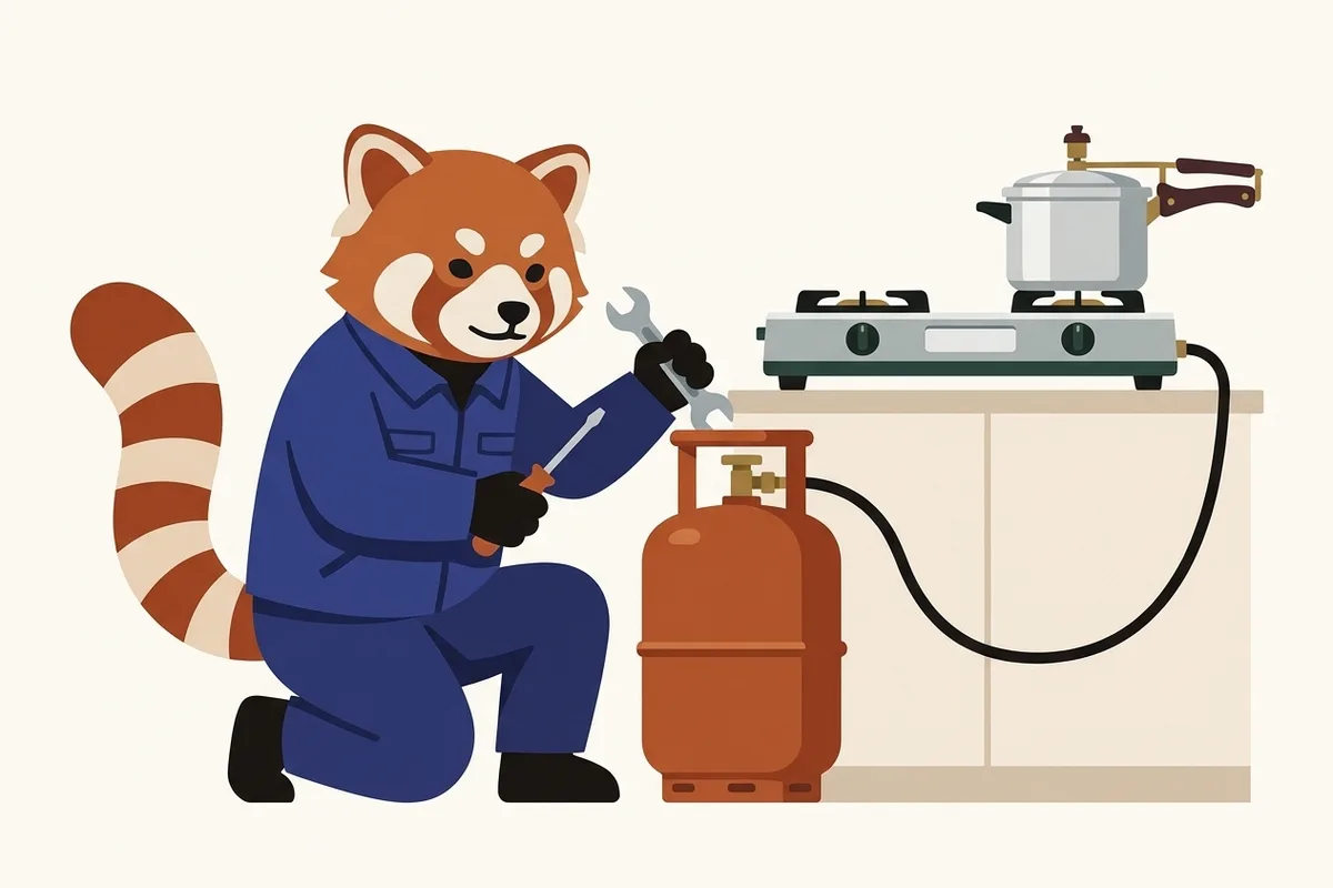 Rangi the red panda doing gas & cookware repair work