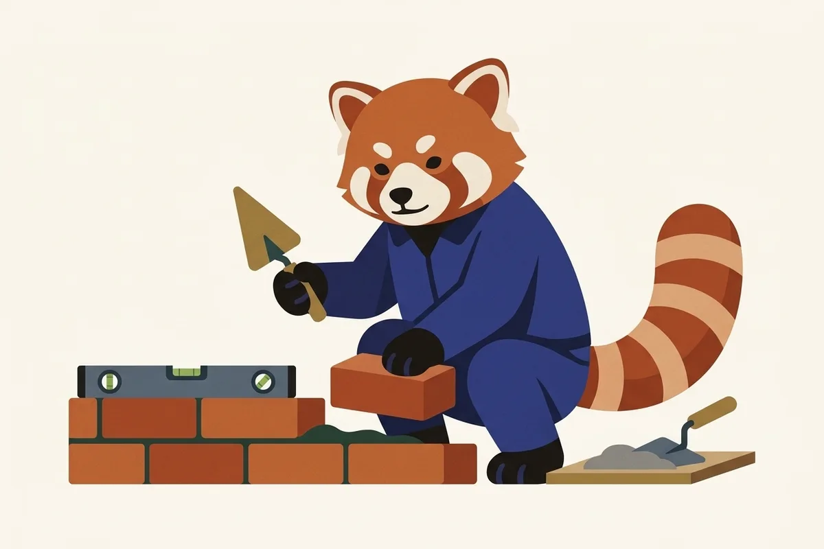 Rangi the red panda doing masonry & construction labour work