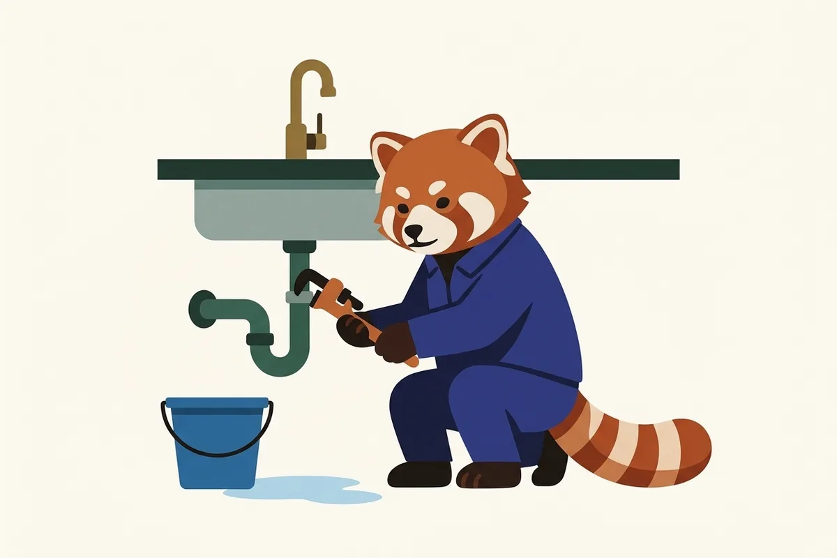 Rangi the red panda doing plumbing work