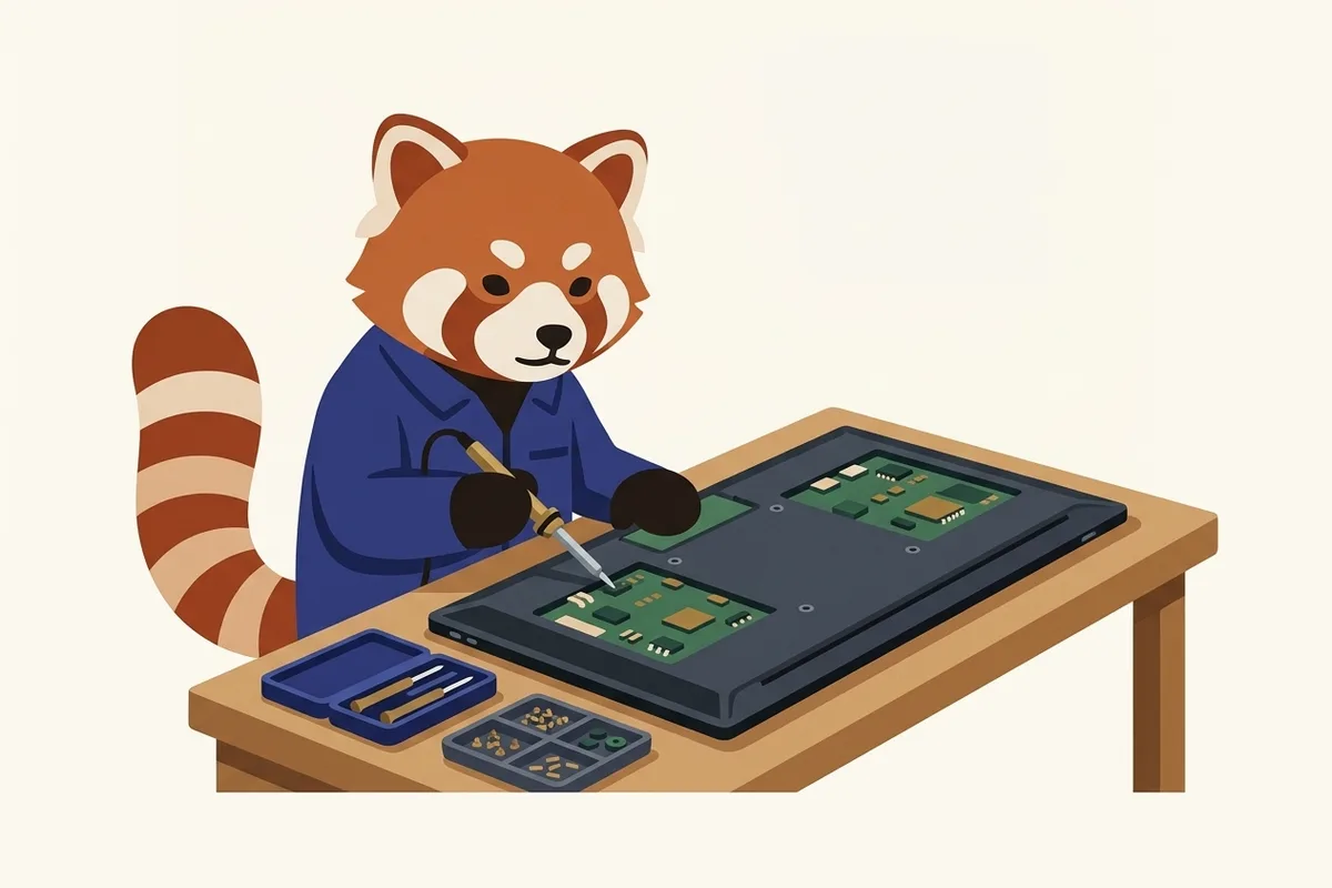 Rangi the red panda doing TV repair work