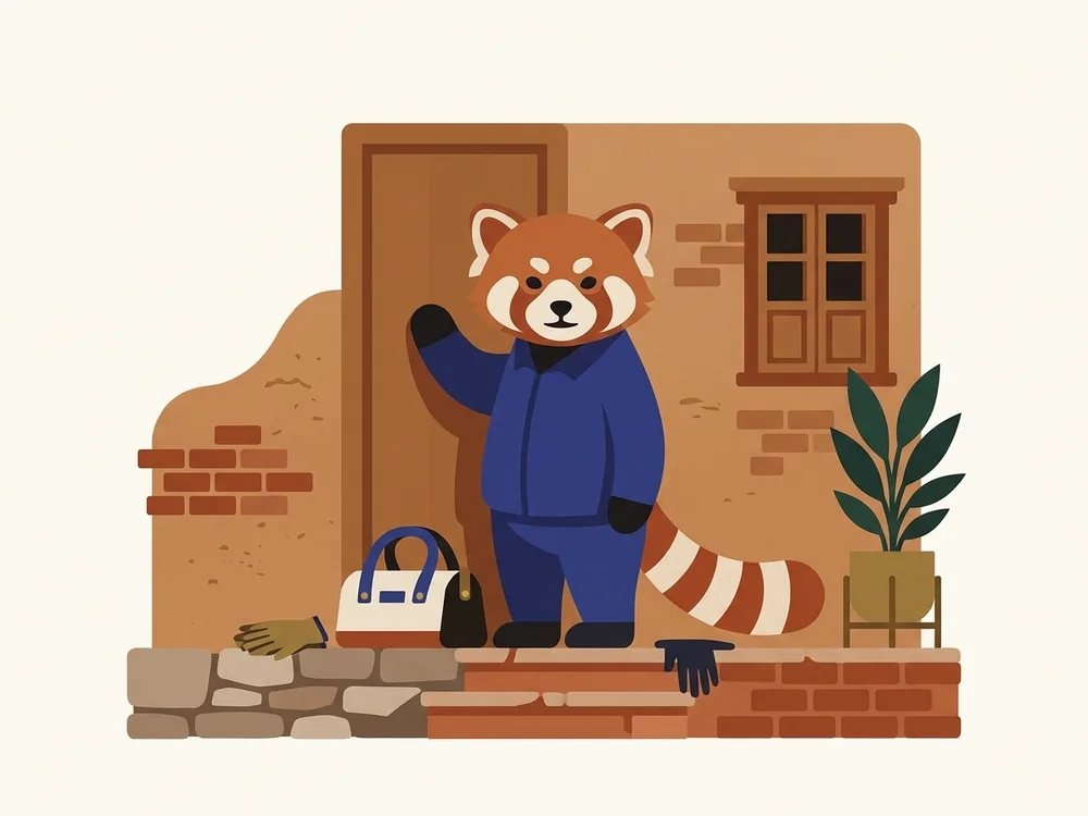 Rangi arriving at a customer's door with a toolbag